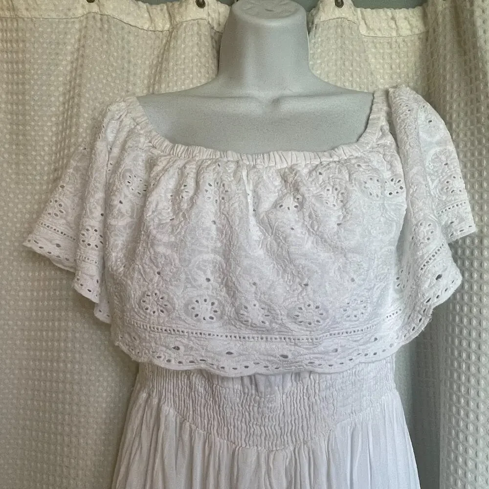 NAOO Nation AK Outfits Boho, Tiered, Off-Shoulder, White Maxi Dress, 1X - Picture 3 of 6